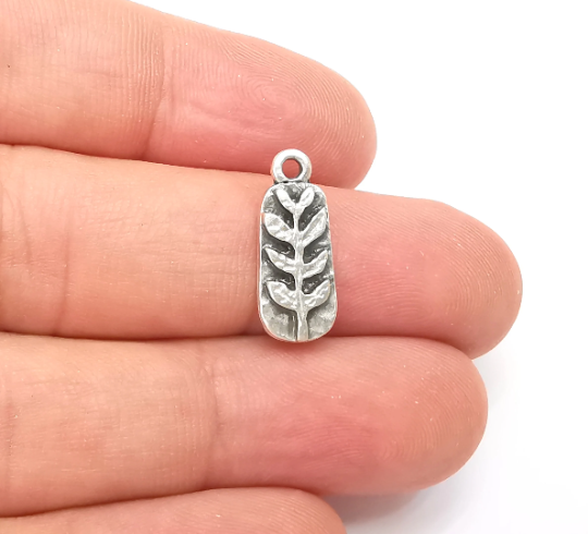 Sprout Charms, Leafy Branch Plant Charms, Virgo Wheat Charms, Antique Silver Plated (19x7mm) G28747