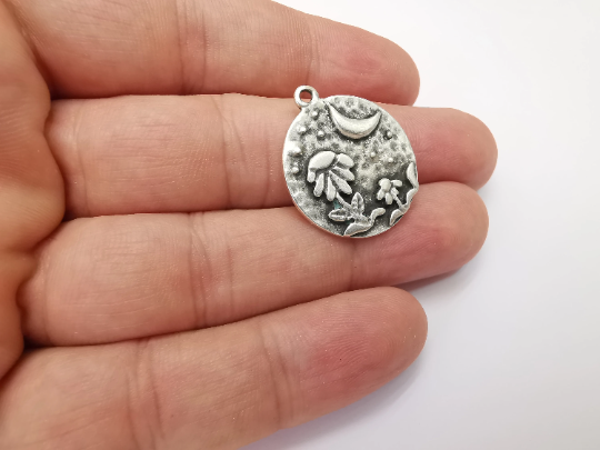 Flower Leaf Charms Crescent Moon Hammered Disc Night Sky Charms Antique Silver Plated (28x24mm) G28724