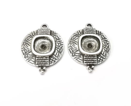 Ethnic Round Charms Blank Resin Bezel Mosaic Mountings Cabochon Setting Antique Silver Plated Charms (31x23mm)(10mm Blank) G28066