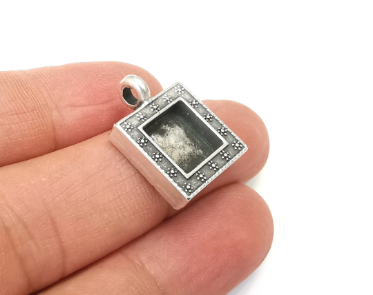 Ethnic Square Pendant Sun Blank Bezel Resin Mosaic Mountings Antique Silver Plated Charms (23x17mm)( 10 mm Bezel Inner Size) G28081