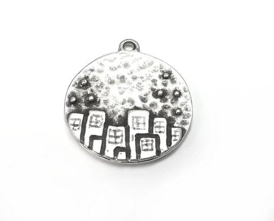 City Skyscrapers Charms Hammered Pendant Antique Silver Plated (27x24mm) G28491