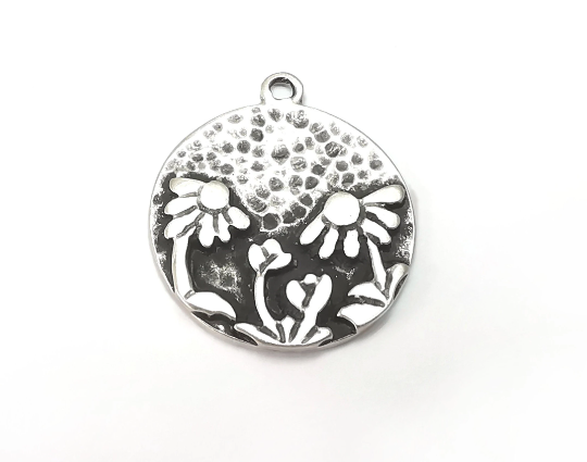 Flowers Charms Antique Silver Plated Hammered Charms (28x24mm) G28465