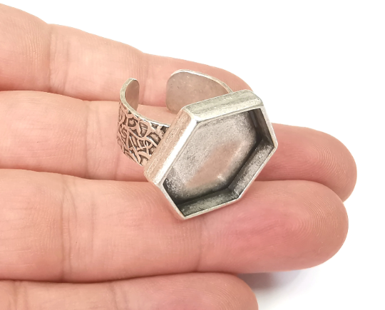 Hexagon Ring, Branch Ring Blank Setting, Cabochon Mounting, Adjustable Resin Base Bezels, Antique Silver Plated (20mm) G28701