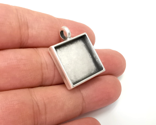 Square Pendant Blanks Resin Bezel Base Mosaic Mountings Antique Silver Plated (30x23mm) (20mm Blank Size) G28083