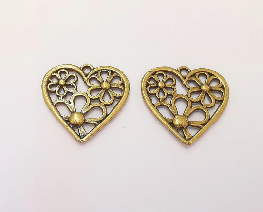2 Heart Flower Charms Antique Bronze Plated Charms (28x28mm) G22523