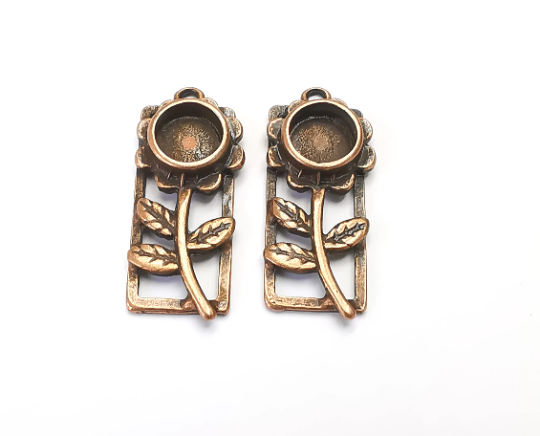 Flower Leaf Charms Blank Resin Bezel Mosaic Mountings Cabochon Setting Antique Copper Plated Charms (35x14mm)(8mm Blank) G28022