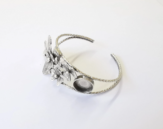 Flower Bracelet Brass Cuff Blank Bezel Glass Cabochon Base Adjustable Antique Silver (14mm ) G25021