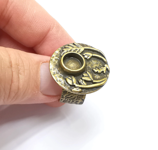 Flower Ring Blank Setting, Cabochon Mounting, Adjustable Resin Ring Base, Inlay Ring Blank Mosaic Bezels Antique Bronze Plated (8mm) G29303