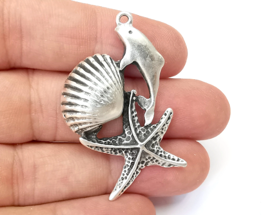 Dolphin Starfish Scallop Charms Pendant Antique Silver Plated (50x29mm) G28219