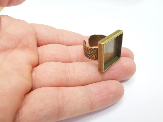 Square Ring Blank Setting, Cabochon Mounting, Adjustable Resin Ring Base, Inlay Ring Blank Mosaic Bezels Antique Bronze Plated (20mm) G29307