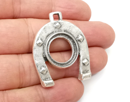 Horseshoe Bezel, Both Side Blank, Resin Blank, inlay Mounting, Mosaic Frame Cabochon Base, Antique Silver Plated (17mm) G28752