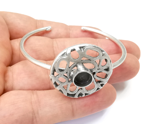 Adjustable Round Bracelet Bases, Resin Cuff Blanks, Cabochon Bezel, Mosaic Mountings, Dry flower, Antique Silver Plated Brass (8mm) G28416