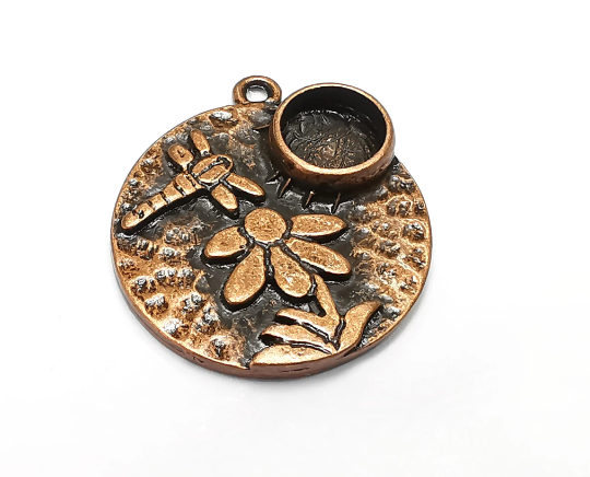 Dragonfly Flower Daisy Hammered Charms Blank Resin Bezel Mounting Cabochon Base Setting Antique Copper Plated (8mm Blank) G29800