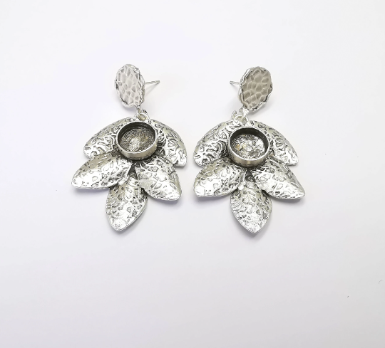 Leaf Hammered Disc Blank Silver Earring Set Base Wire Antique Silver Plated Brass Earring Base (10mm blank) G28326