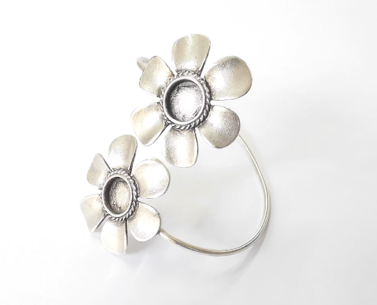 Flowers bracelet brass cuff blank bezel Glass cabochon base Adjustable antique silver(10mm ) G24451