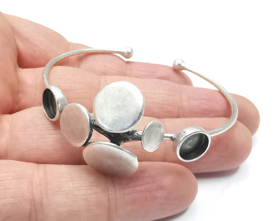 Discs Wire Bracelet Cuff Blank Bezel Glass Cabochon Base Adjustable Antique Silver Plated Brass (8mm ) G28988