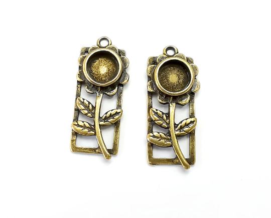 Flower Leaf Charms Blank Resin Bezel Mosaic Mountings Cabochon Setting Antique Bronze Plated Charms (35x14mm)(8mm Blank) G28034