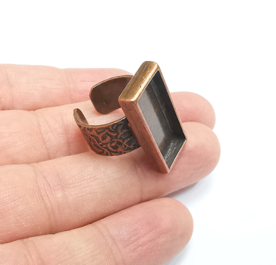 Rectangle Antique Copper Ring Blank Settings, Cabochon Mounting, Adjustable Resin Ring Base Bezel, Inlay Mosaic Ring Bezel (25x10mm) G29554