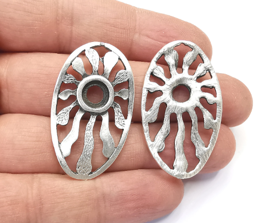 Sun Oval Charms Blank Resin Bezel Mosaic Mountings Cabochon Setting Antique Silver Plated Charms (41x24mm)(8mm Blank) G28002