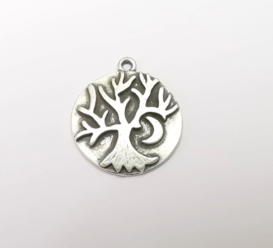 Tree and Crescent Charms Pendant Antique Silver Plated Charms (28x25mm) G29399