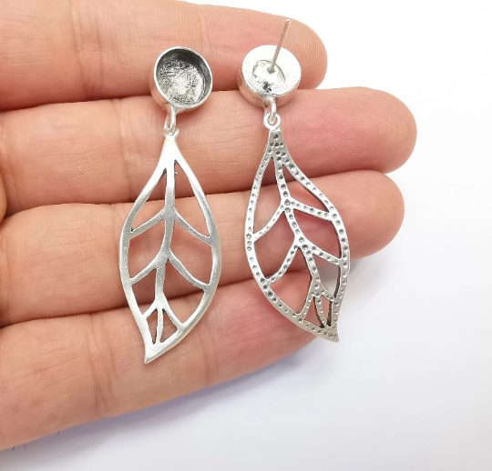 Leaf Silver Earring Set Base Wire Antique Silver Plated Brass Earring Base (10mm blank) G28325