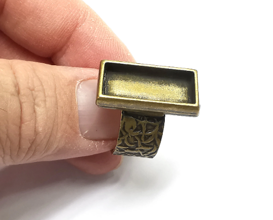 Rectangle Ring Blank Setting, Cabochon Mounting, Adjustable Resin Ring Base, Inlay Ring Mosaic Bezel Antique Bronze Plated (20x10) G29574