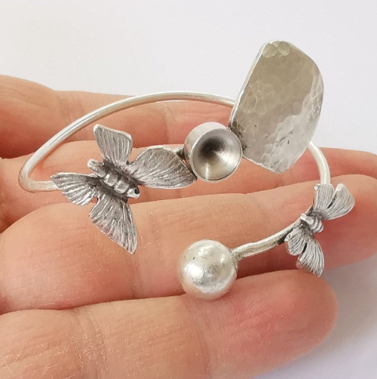 Butterfly ball head hammered bracelet brass cuff blank bezel Glass cabochon base Adjustable antique silver(8mm ) G24443