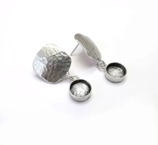 Round Blank Dangle Hammered Square Disc Silver Earring Set Base Wire Antique Silver Plated Brass Earring Base (10mm blank) G28342