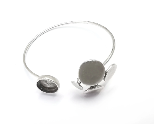 Discs Wire Bracelet Cuff Blank Bezel Glass Cabochon Base Adjustable Antique Silver Plated Brass (12mm ) G28990