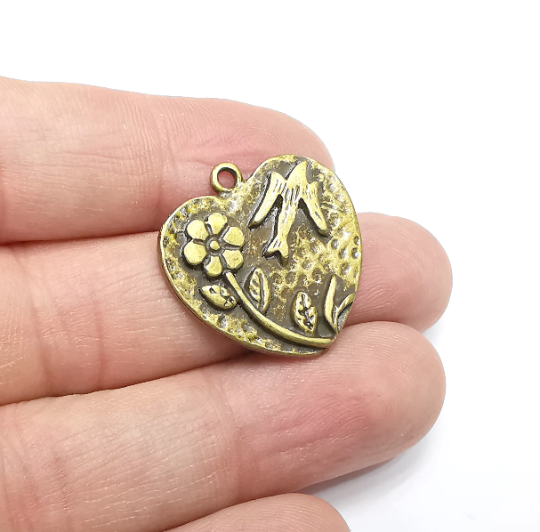 Flower Bird Heart Charms Antique Bronze Plated Charms (27mm) G29382
