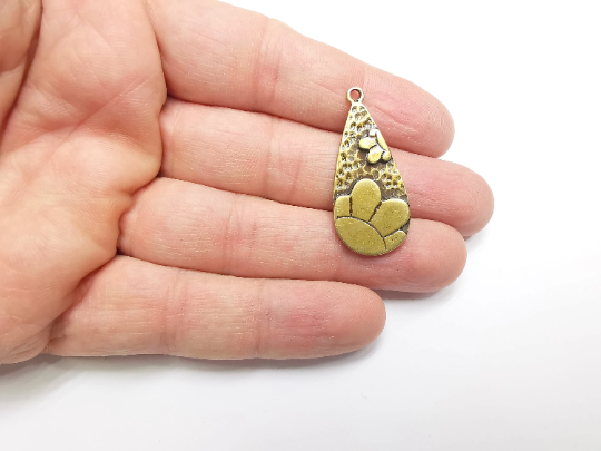 Drop Flower Dangle Charms, Antique Bronze Plated Charms (38x17mm) G29511