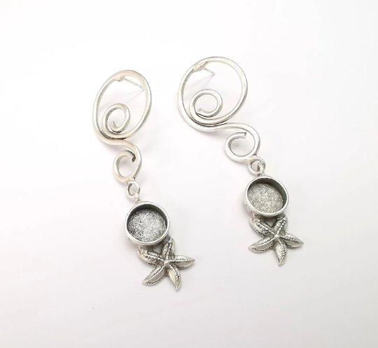 Earring Blank Bezel Antique Silver Plated Brass Earring Set Base (10mm blank) G29325