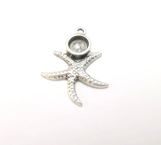 Starfish Pendant Bezel, Resin Blank, inlay Mounting, Mosaic Frame Cabochon Base Dry Flower Setting, Antique Silver Plated 6mm bezel G28927