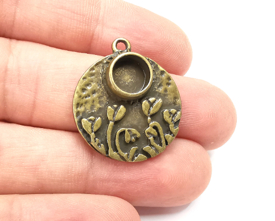 Flower Hammered Charms Blank Resin Bezel Mounting Cabochon Base Setting Antique Bronze Plated (8mm Blank) G28479