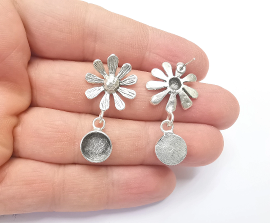 Flower Dangle Earring Base Wire Earring Blank Antique Silver Plated Brass Earring Base (10mm blank) G26715