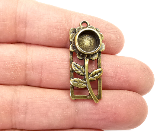 Flower Leaf Charms Blank Resin Bezel Mosaic Mountings Cabochon Setting Antique Bronze Plated Charms (35x14mm)(8mm Blank) G28034