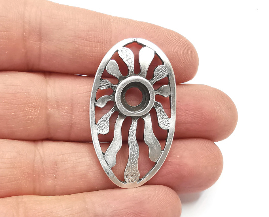 Sun Oval Charms Blank Resin Bezel Mosaic Mountings Cabochon Setting Antique Silver Plated Charms (41x24mm)(8mm Blank) G28002