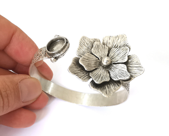 Flowers bracelet brass cuff blank bezel Glass cabochon base Adjustable antique silver plated brass (10mm Blanks ) G25182