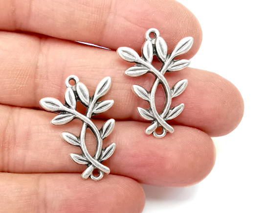 Branch Leaf Charms Connector Antique Silver Plated Charms (28x19mm) G28080