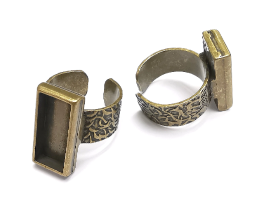 Rectangle Ring Blank Setting, Cabochon Mounting, Adjustable Resin Ring Base, Inlay Ring Mosaic Bezel Antique Bronze Plated (20x10) G29574