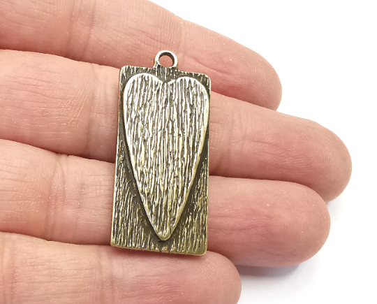 Heart Rectangle Pendant Blank Resin Bezel Mounting Cabochon Base Setting Antique Bronze Plated Charms 40x18mm (28x14mm Blank) G28001