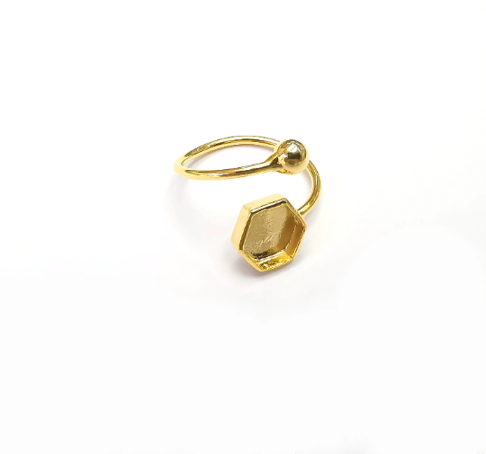 Hexagon Ball Head Ring Blanks Settings, Cabochon Mounting, Adjustable Resin Ring Base Bezels, Shiny Gold Plated Brass (8mm) G28327