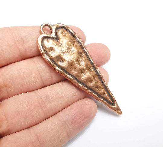 Hammered Long Heart (Double Sided) Pendant Antique Copper Plated Pendant (76x28mm) G29545