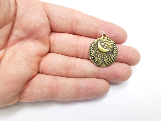 Crescent and Fern Leaf Charms Hammered Disc Pendant Antique Bronze Plated (28x24mm) G29383