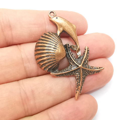 Dolphin Starfish Scallop Charms Pendant Antique Copper Plated (50x29mm) G28312