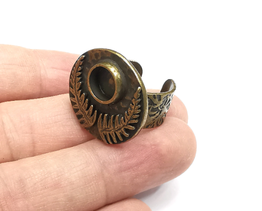 Fern Leaf Ring Blanks Settings, Cabochon Mounting, Adjustable Resin Ring Base Bezels, Antique Bronze Plated Brass (8mm) G29578