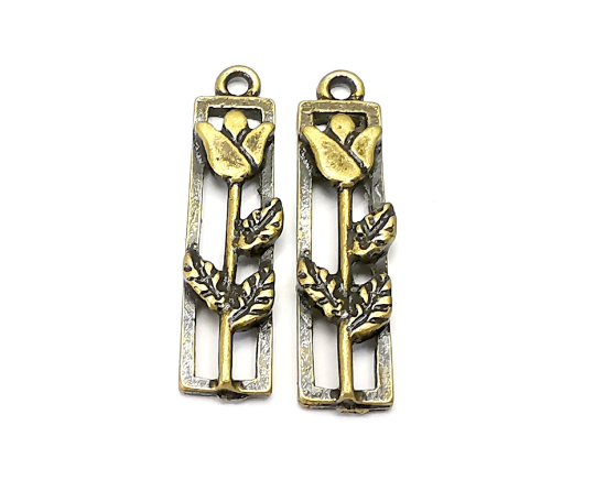 Flower Rose Leaf Charms Antique Bronze Plated Charms (33x8mm) G28261