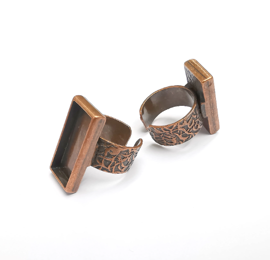 Rectangle Antique Copper Ring Blank Settings, Cabochon Mounting, Adjustable Resin Ring Base Bezel, Inlay Mosaic Ring Bezel (25x10mm) G29554