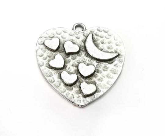 Heart Crescent Moon Charms Hammered Pendant Antique Silver Plated (29x27mm) G28242