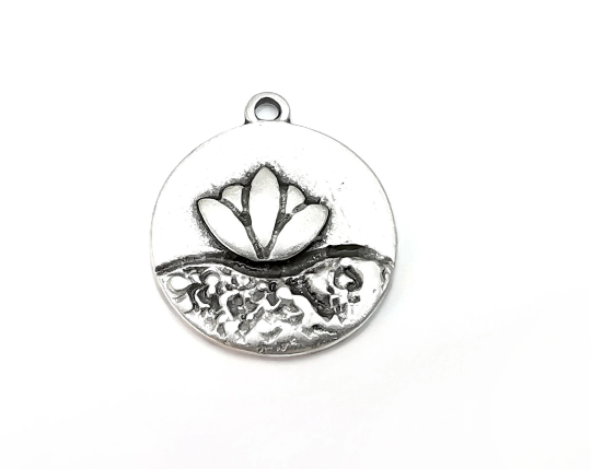 Lotus Charms Antique Silver Plated Round Charms (25x21mm) G28470